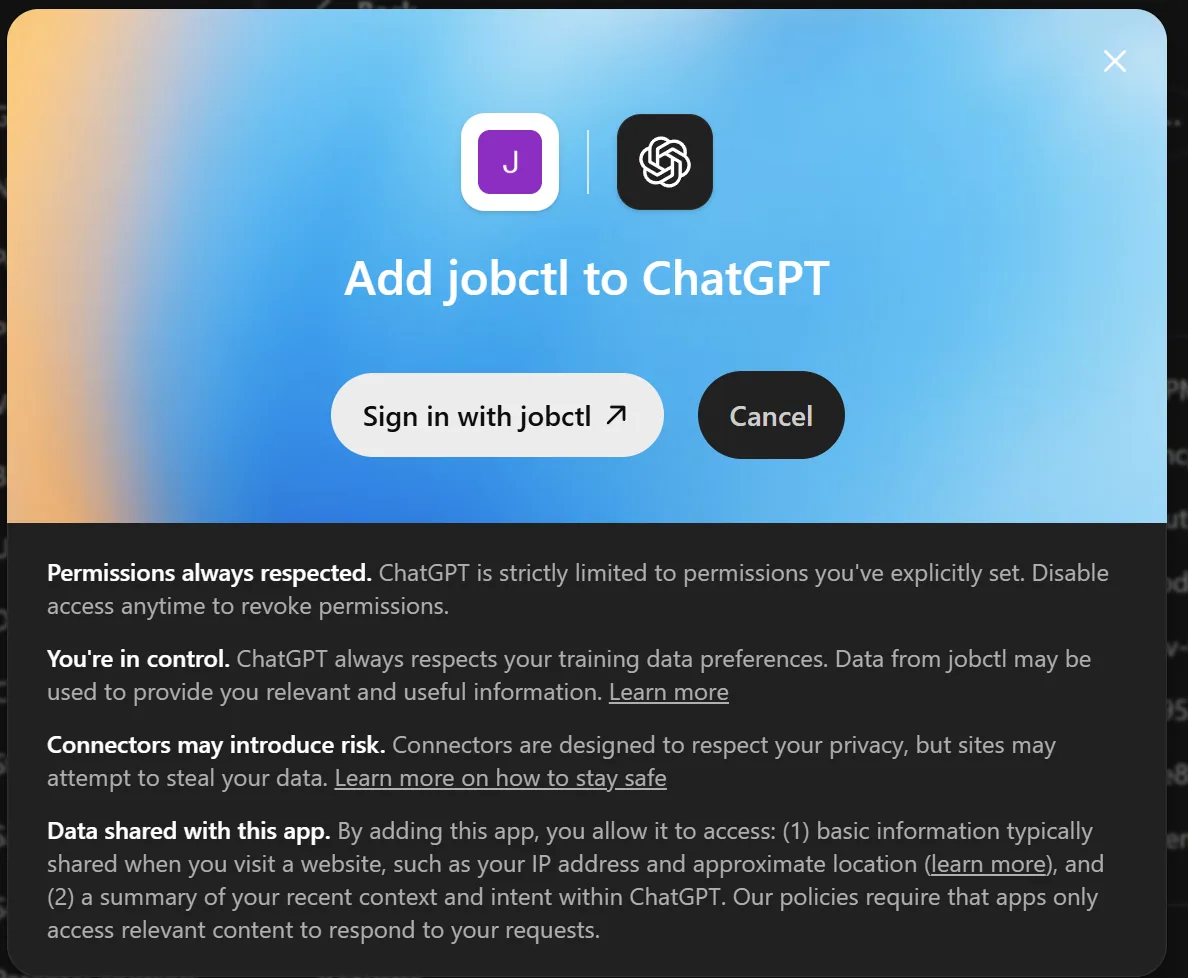 Add jobctl to ChatGPT dialog with the Sign in with jobctl button