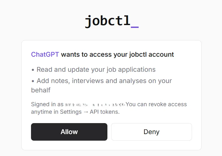 jobctl OAuth consent: ChatGPT wants to access your jobctl account - Allow or Deny