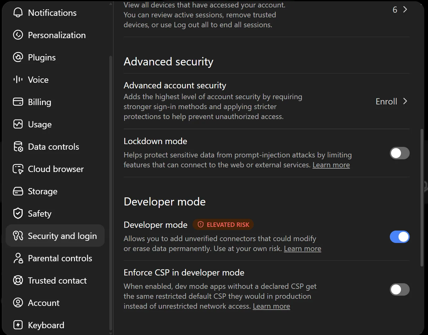 ChatGPT settings: Security and login with the Developer mode toggle enabled