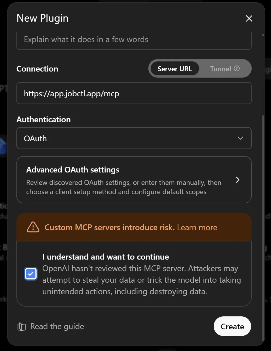 New Plugin dialog with the jobctl MCP server URL, OAuth authentication and the risk checkbox confirmed