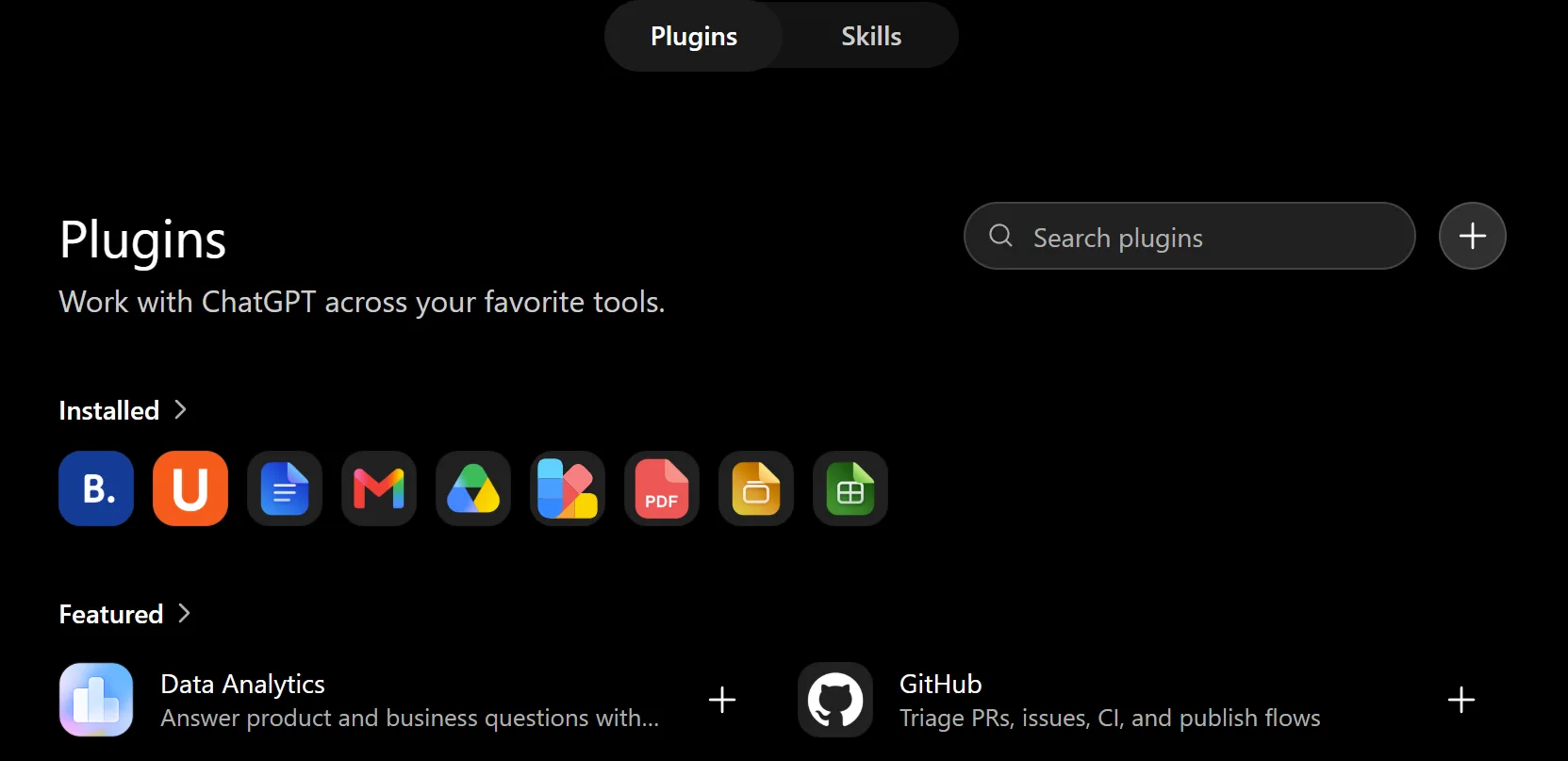 ChatGPT Plugins screen with the plus button next to the search field
